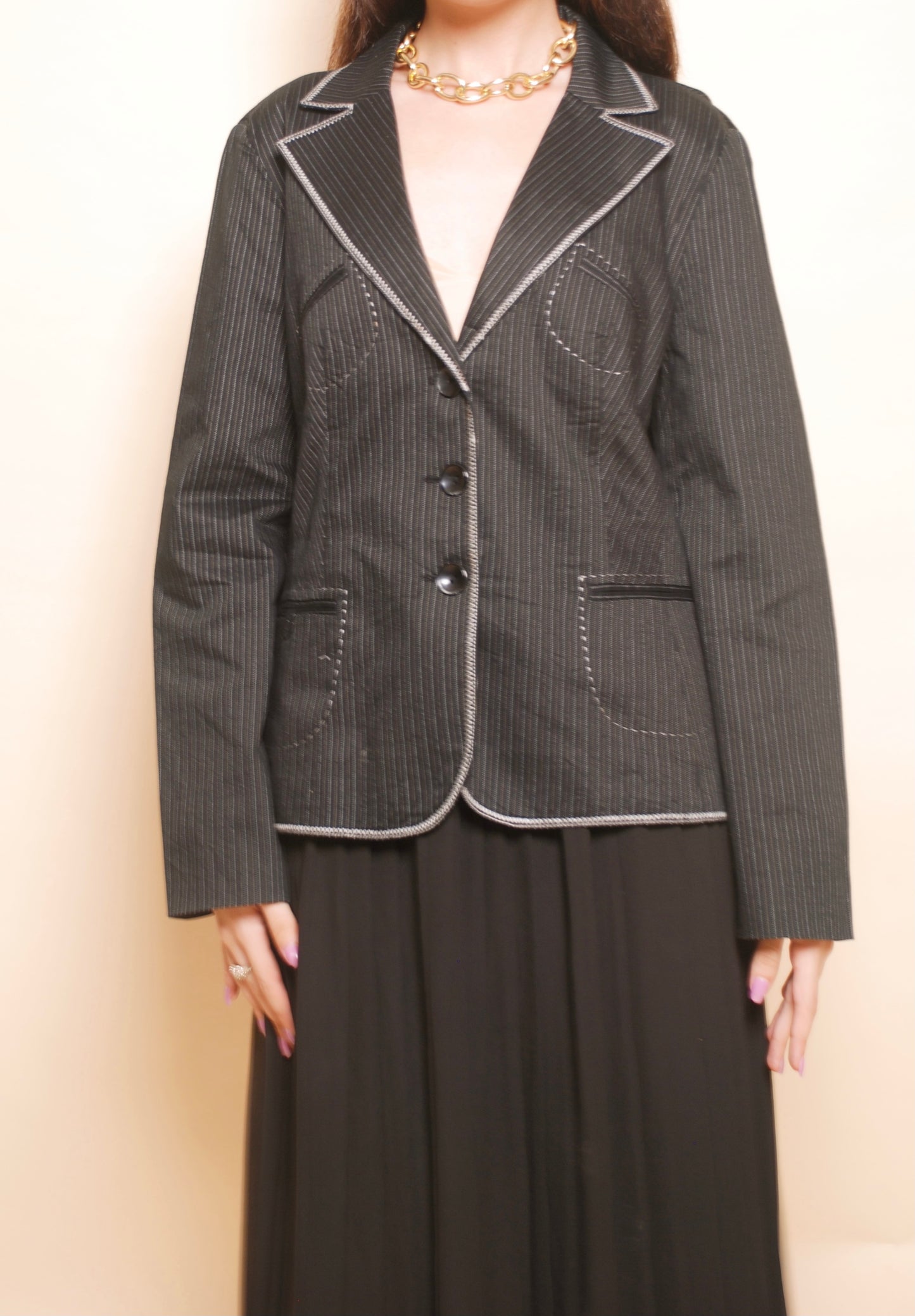 Black striped blazer with reverse stitch detailing