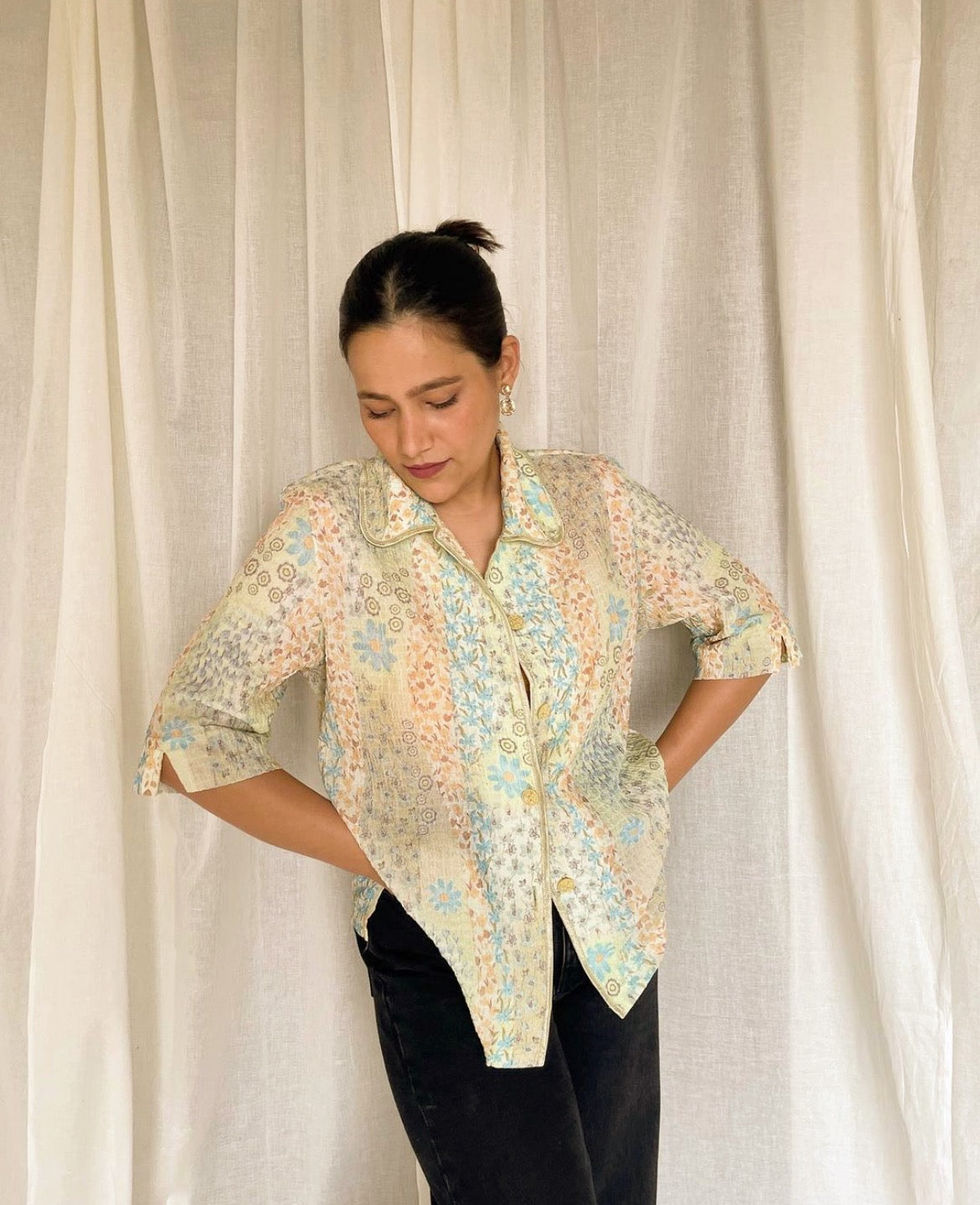 Multicolour floral print textured shirt