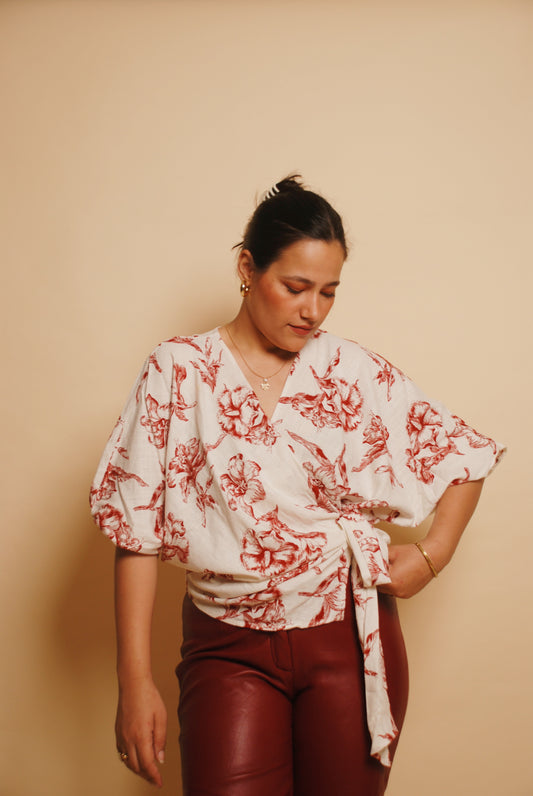 White & red floral wrap top