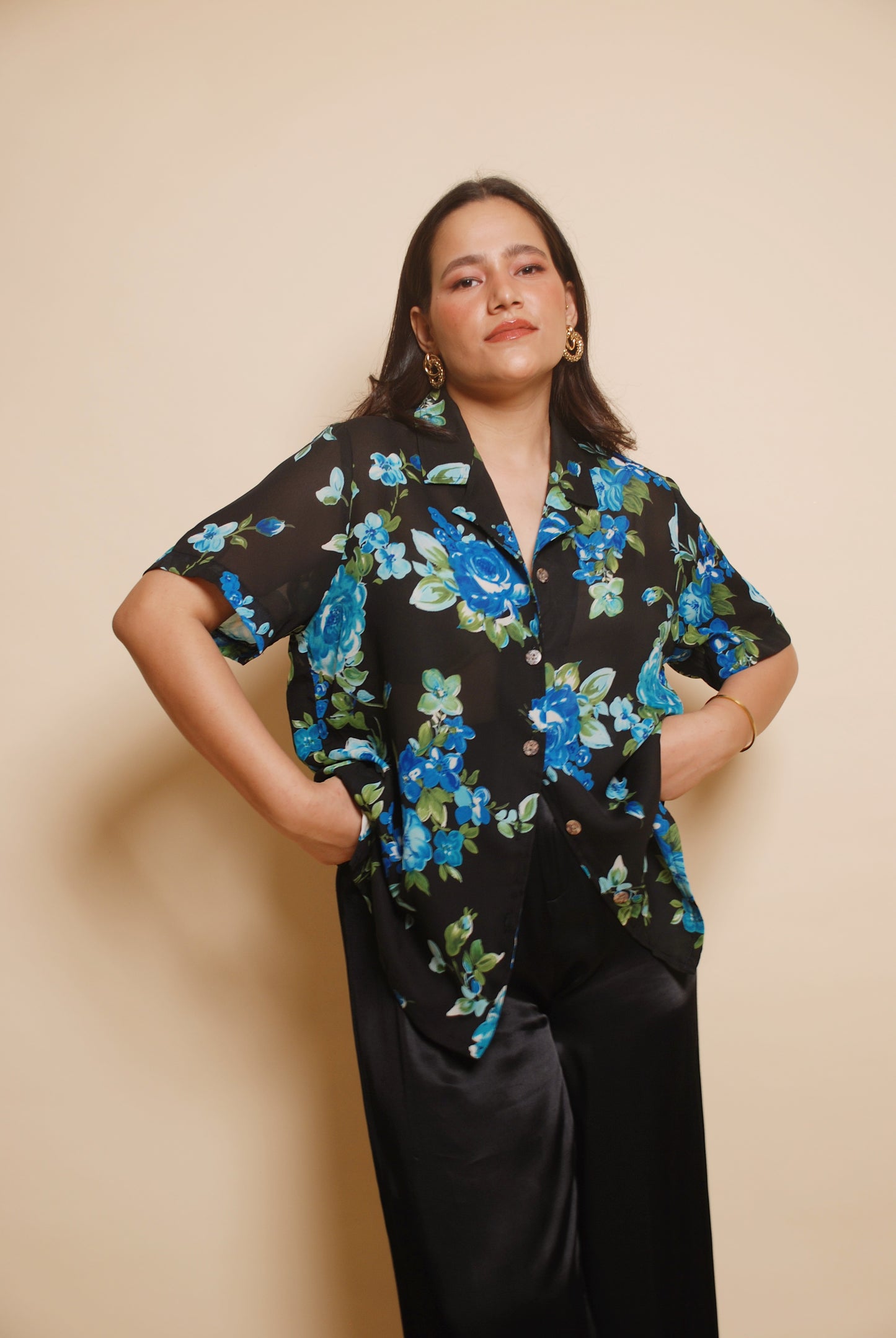 Black & blue see through floral resort shirt