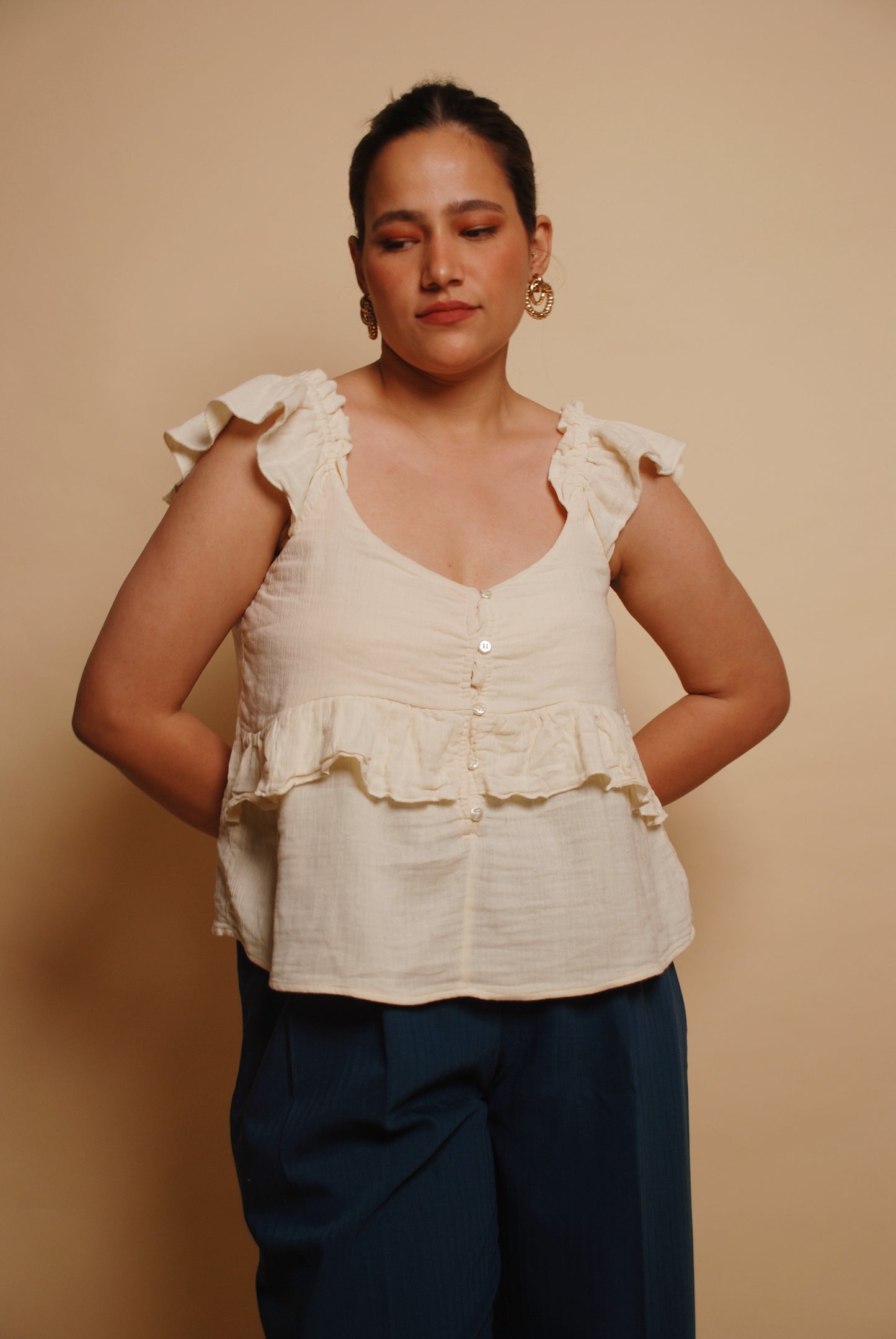 Cream ruffled cotton top