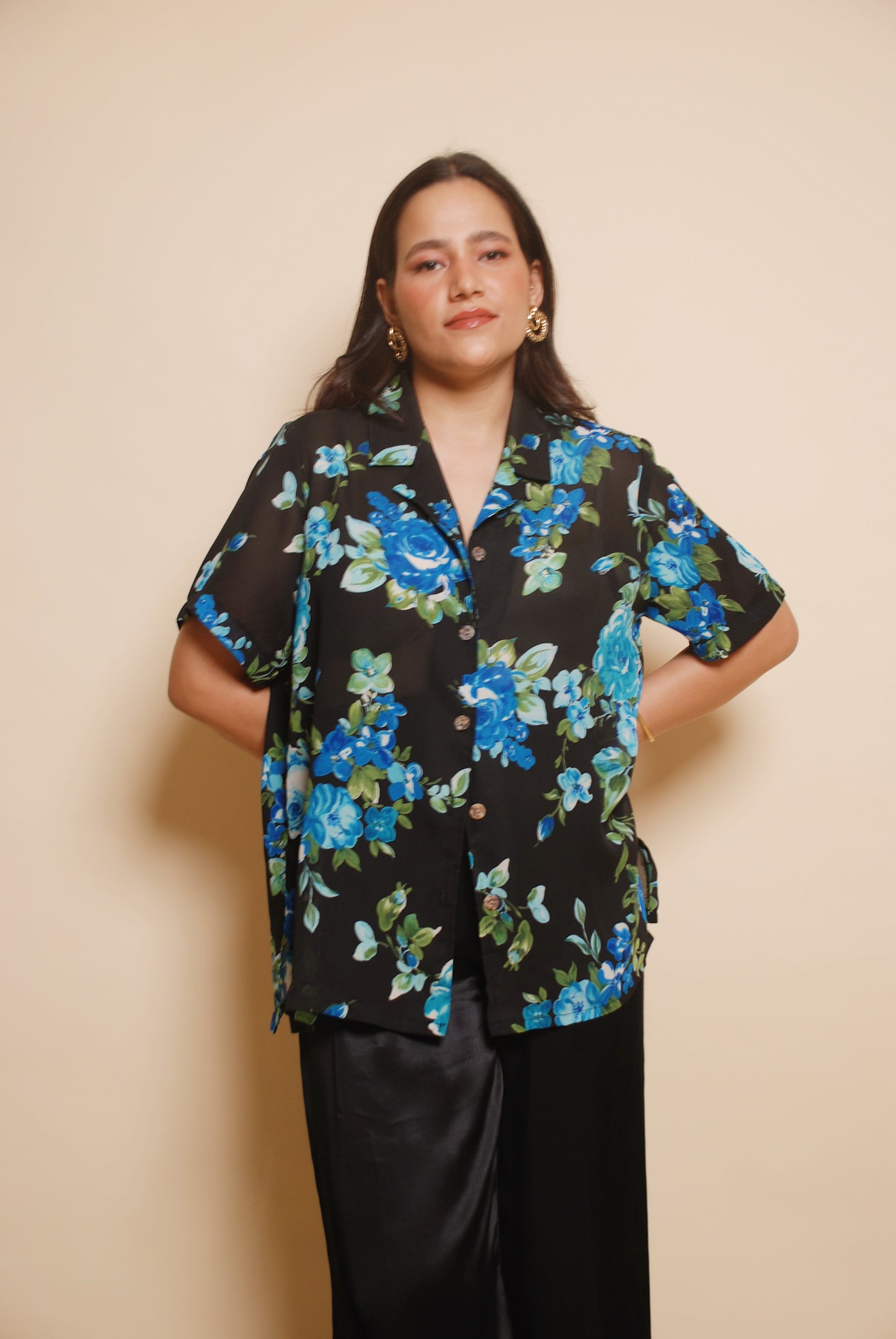 Black & blue see through floral resort shirt