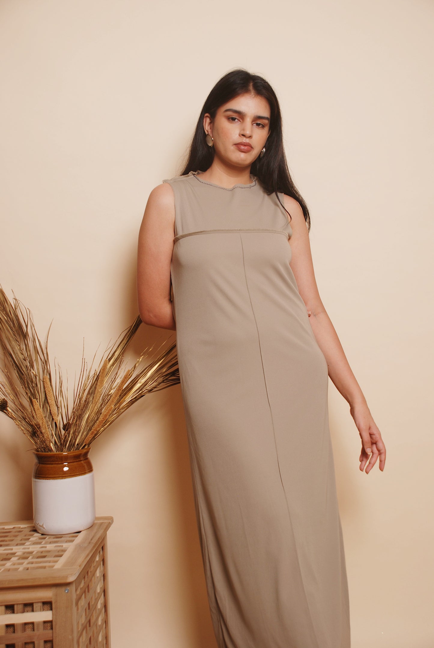 Sage green reverse stitch maxi dress