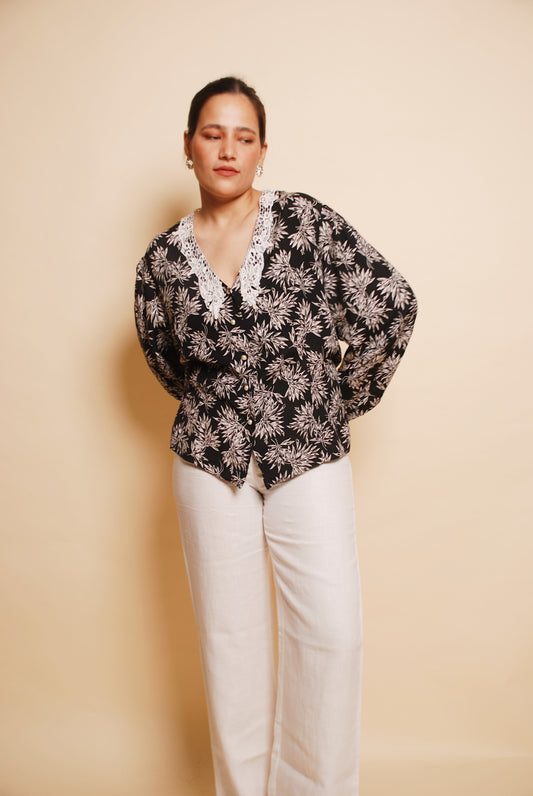 Black & white floral blouse with lace collar