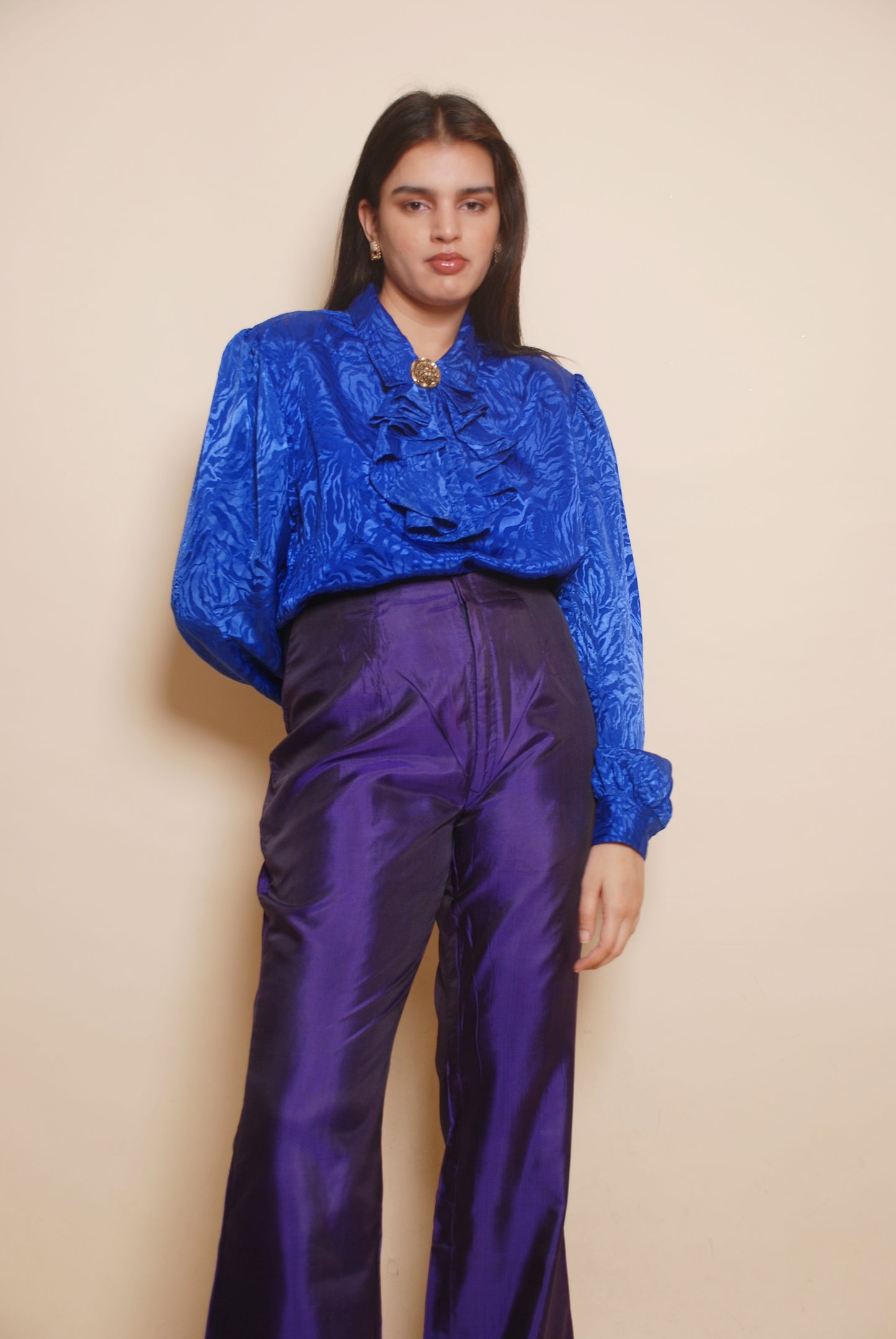 Vintage electric blue blouse with cascade collar