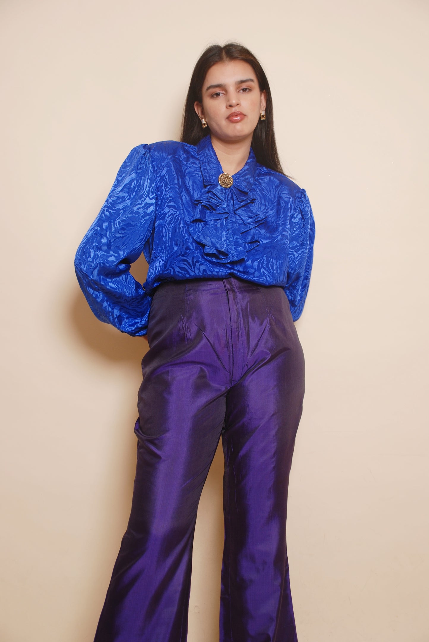 Vintage electric blue blouse with cascade collar