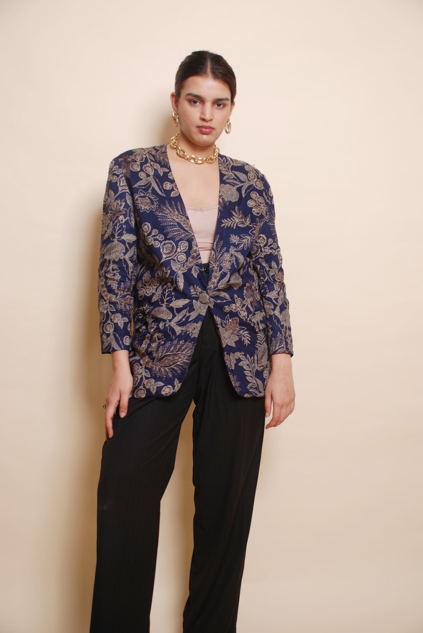 Vintage navy floral one button blazer