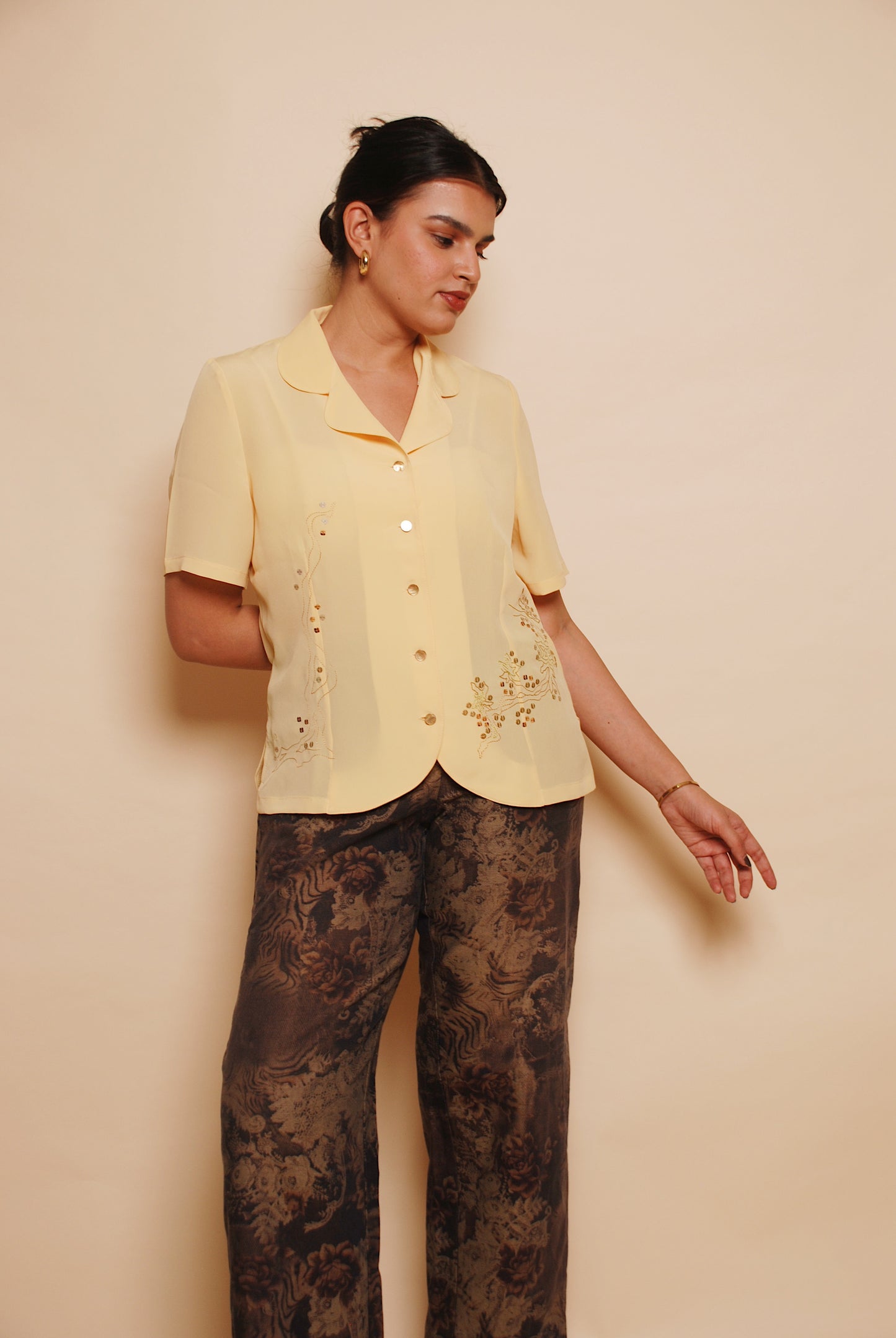 Yellow short sleeve embroidered blouse