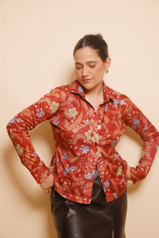 Red floral button up shirt