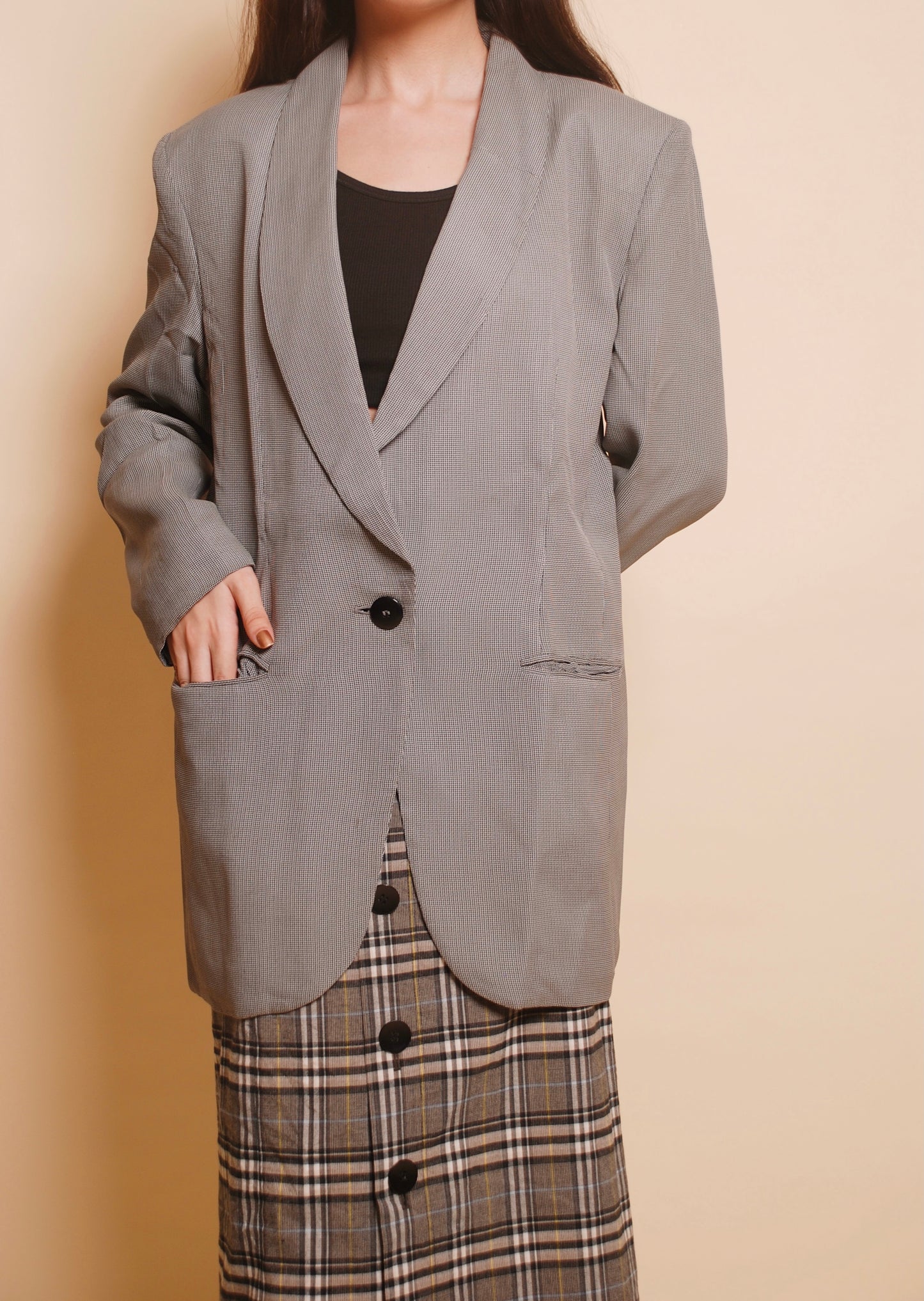 Vintage grey checkered one button long blazer