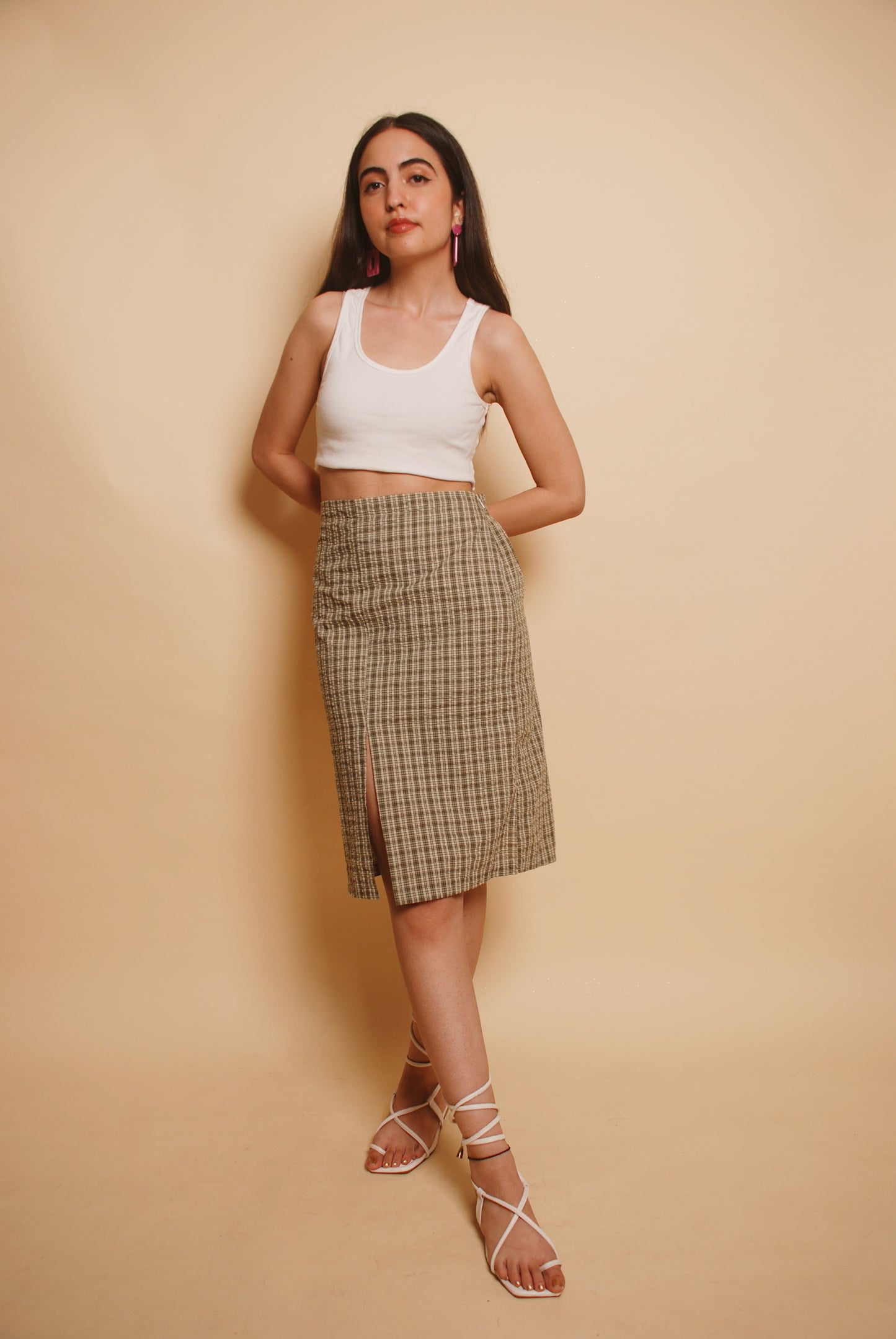 Green checkered textured midi skirt