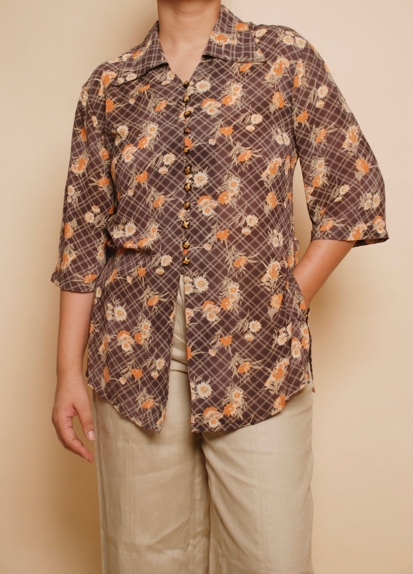 Brown checkered & floral short sleeve shirt