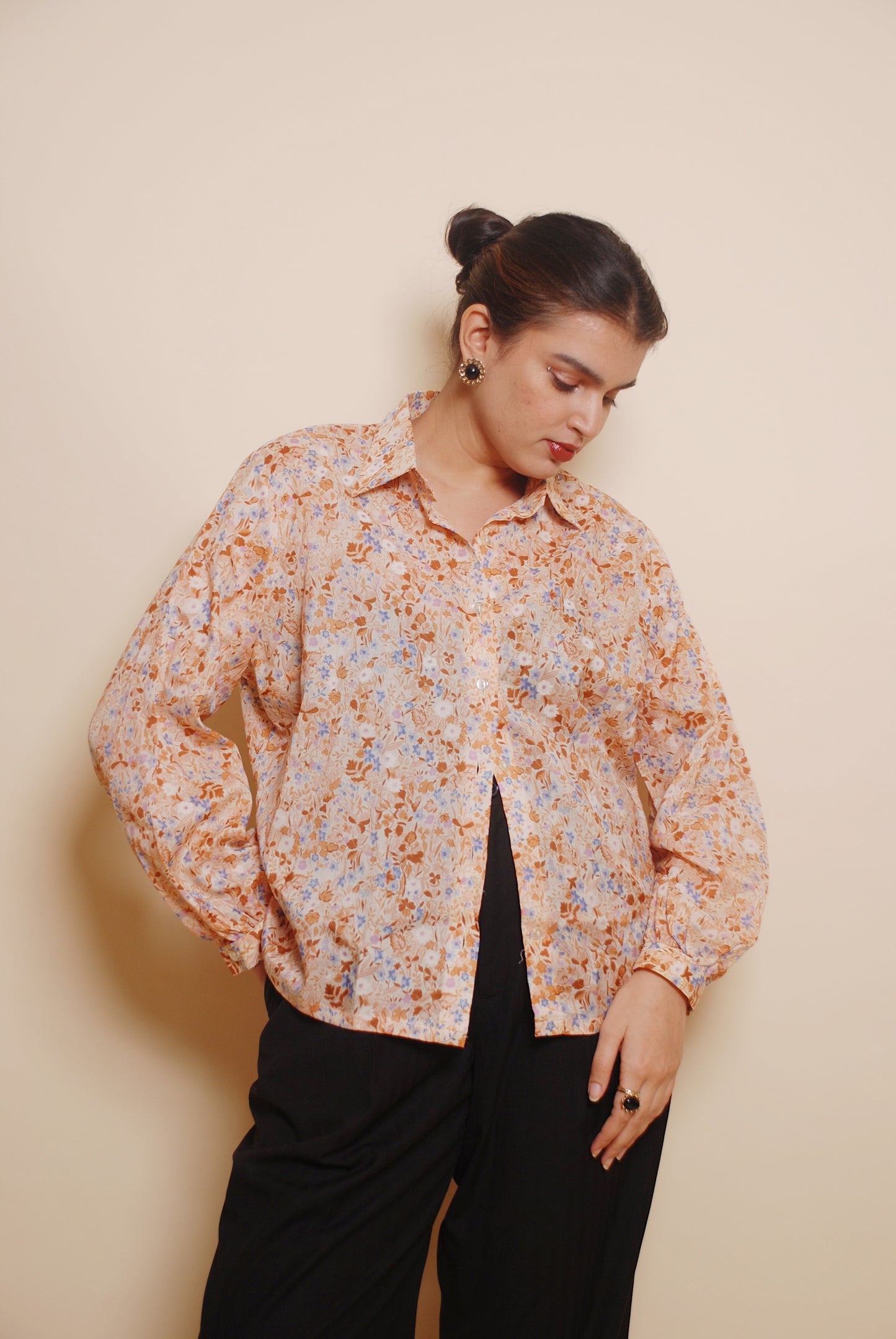 Beige floral button up shirt