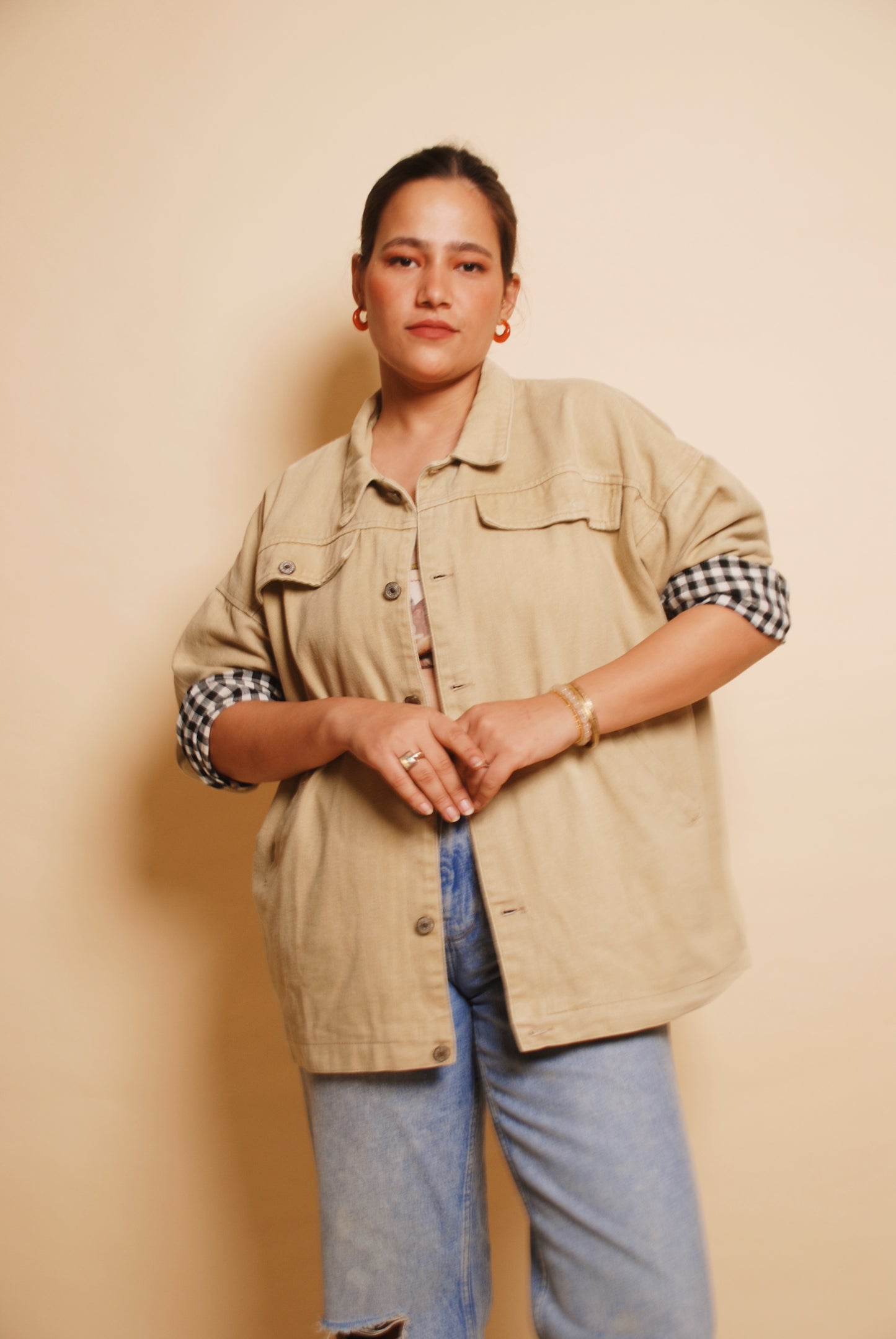 Beige full sleeve denim jacket