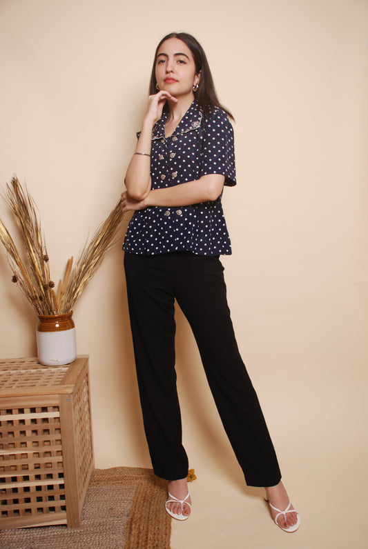 Blue polka dot shirt with embroidered collar