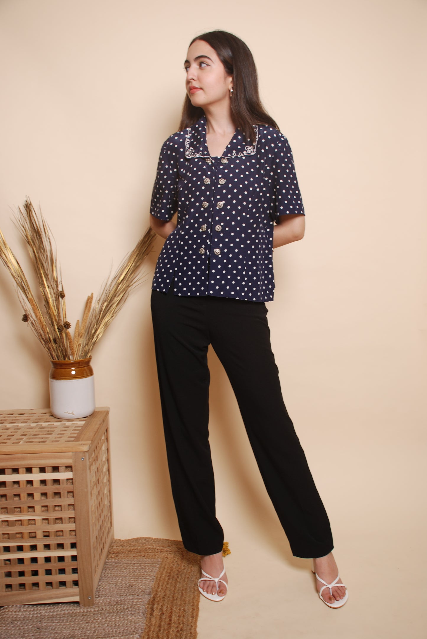 Blue polka dot shirt with embroidered collar