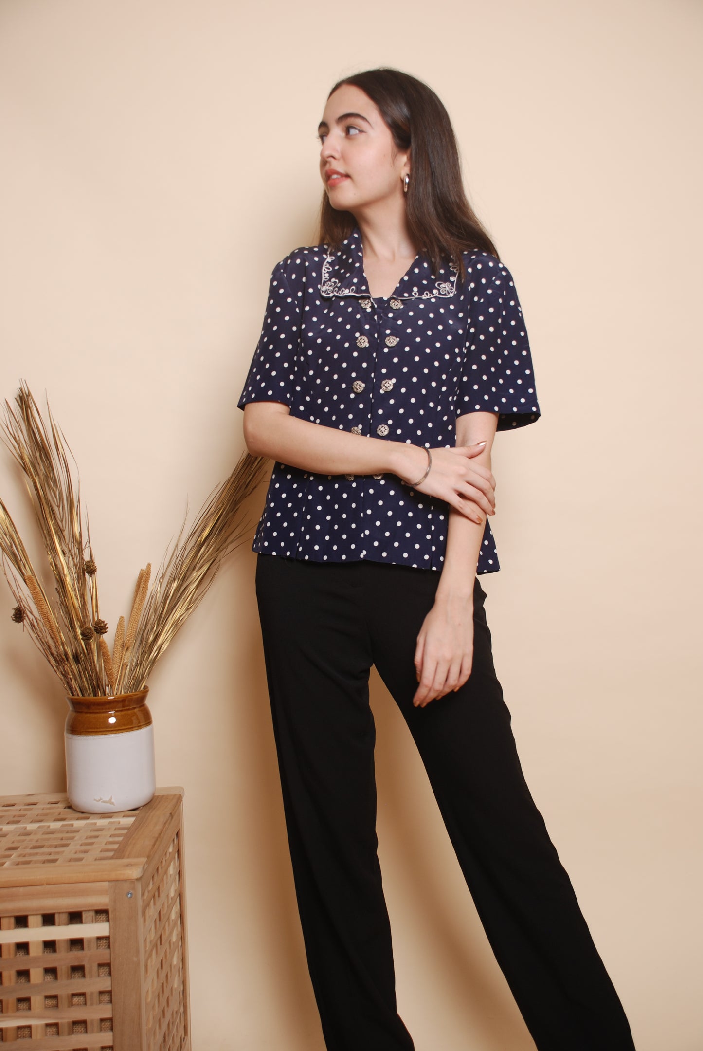 Blue polka dot shirt with embroidered collar