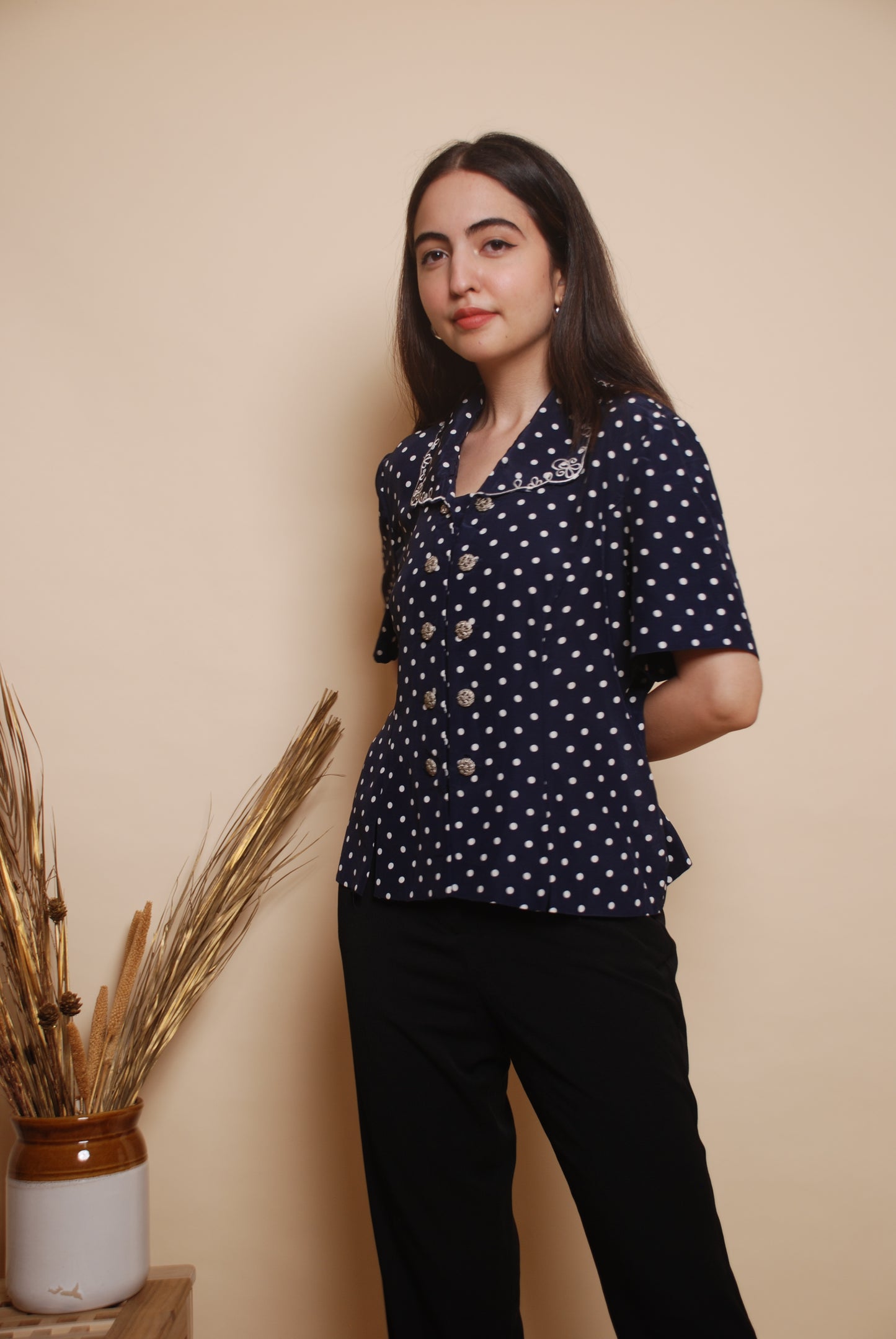 Blue polka dot shirt with embroidered collar