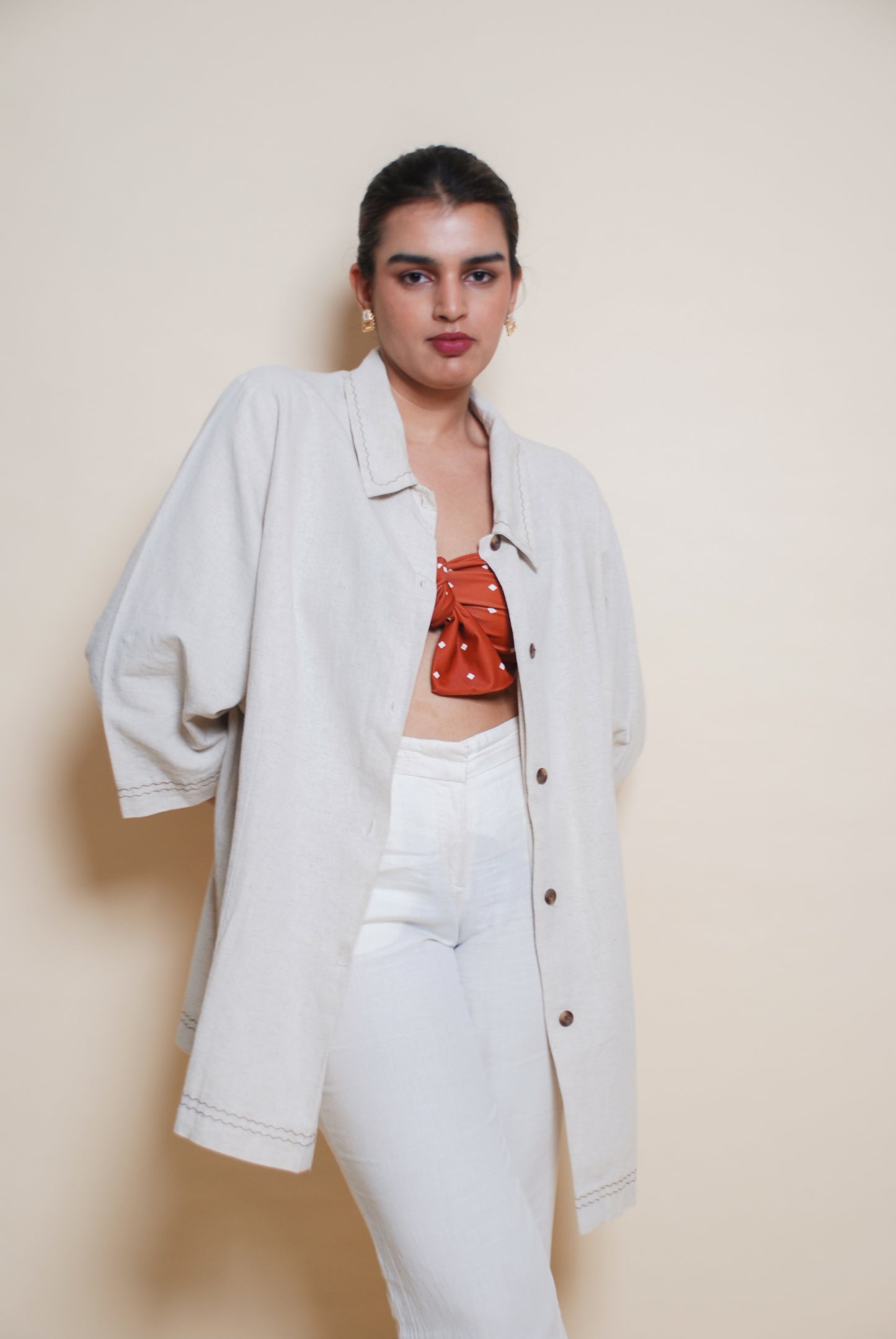 Cream linen shacket with embroidery