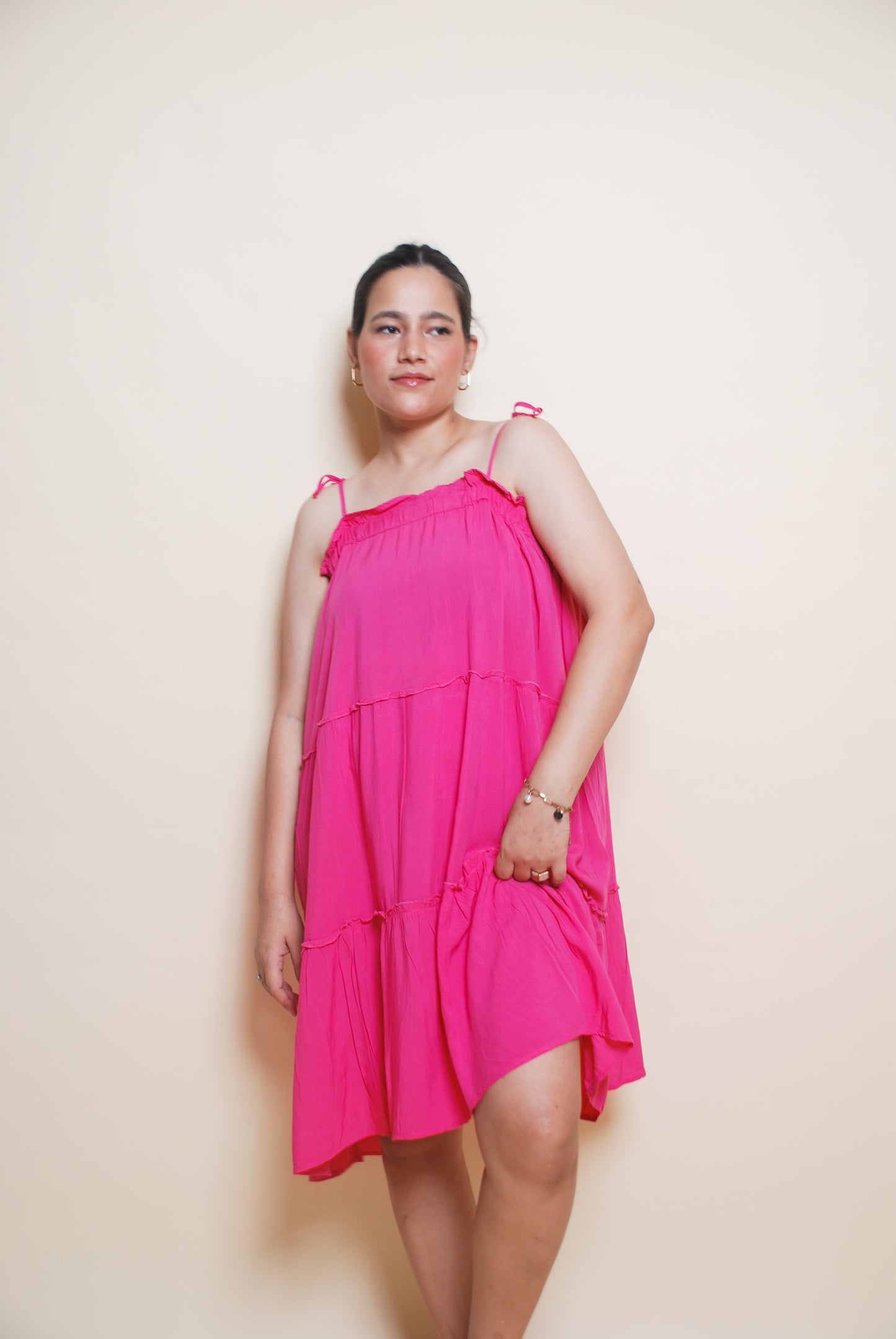 Pink tiered midi dress