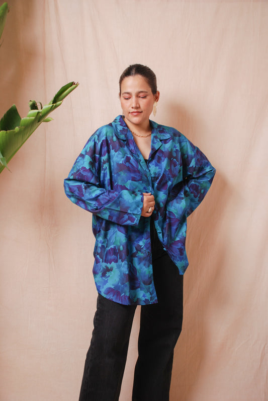 Vintage oversized indigo blue & green floral shirt