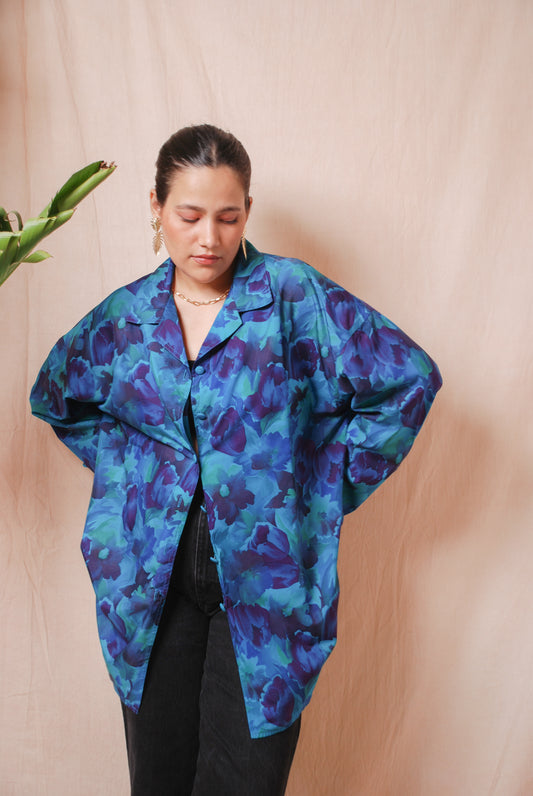 Vintage oversized indigo blue & green floral shirt