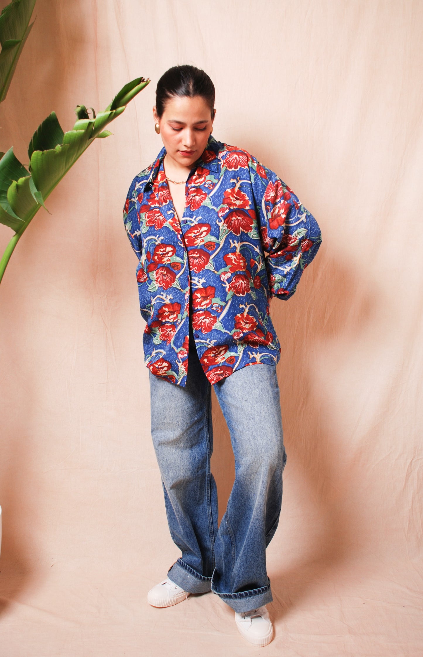 Blue and red floral button up shirt