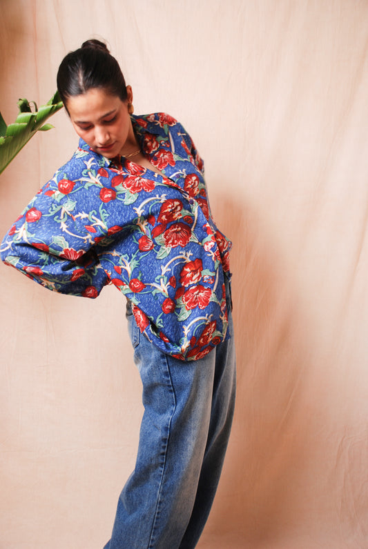 Blue and red floral button up shirt