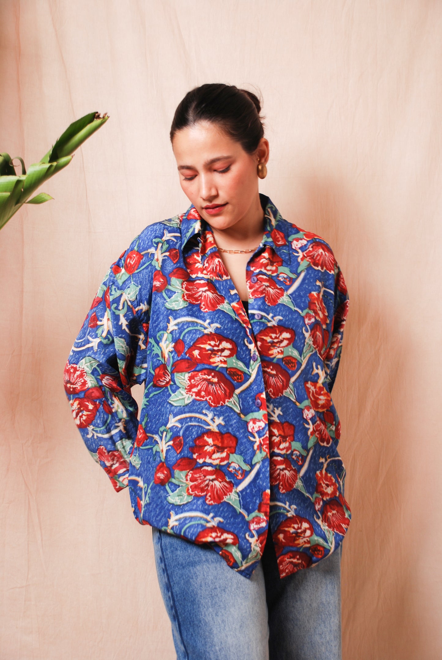 Blue and red floral button up shirt