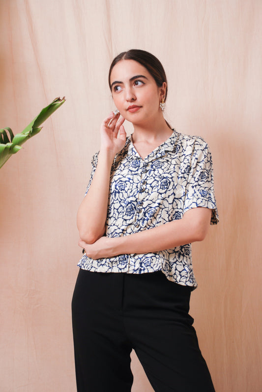 White & navy floral cropped top