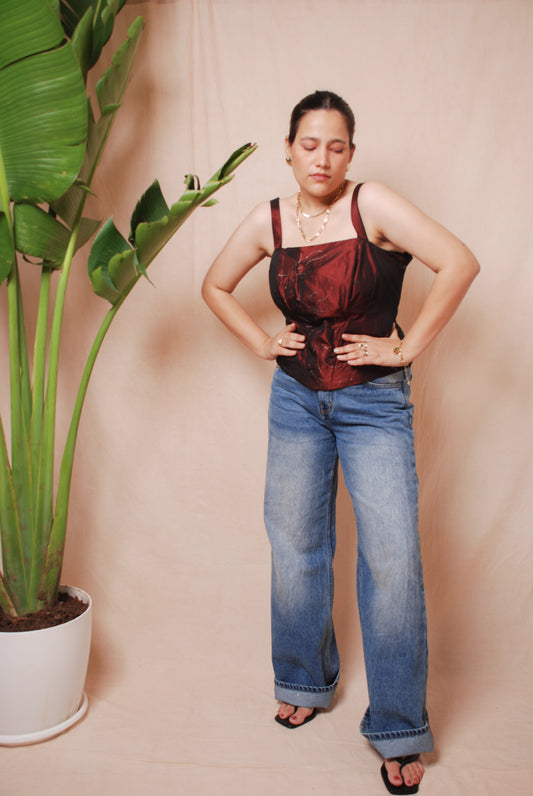 Maroon corset top with sequin floral detailing