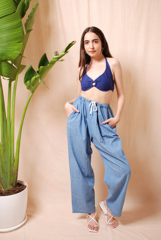 Vintage blue soft denim straight fit pants