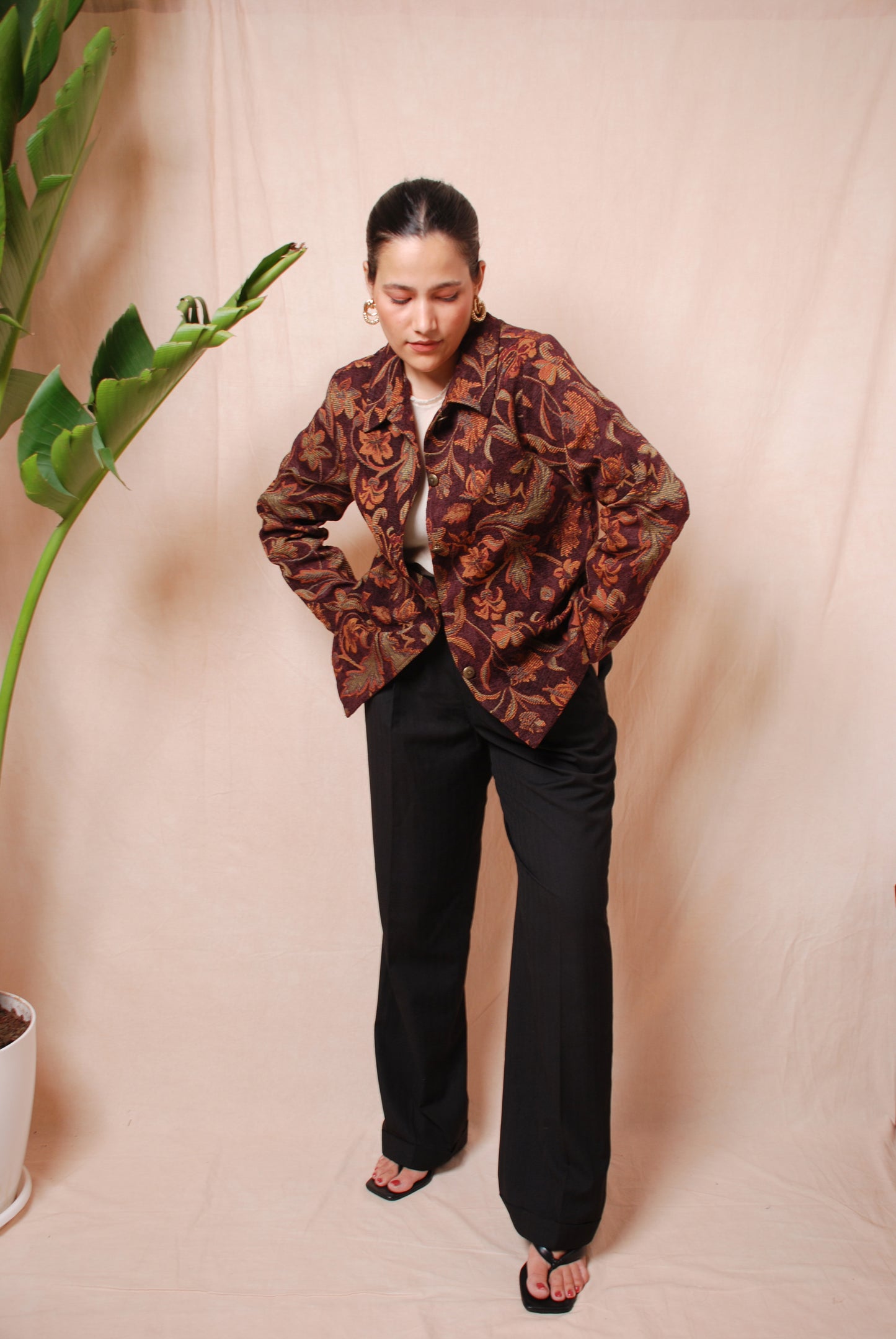 Wine floral corduroy jacket with ornamental buttons