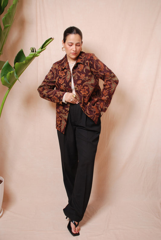 Wine floral corduroy jacket with ornamental buttons