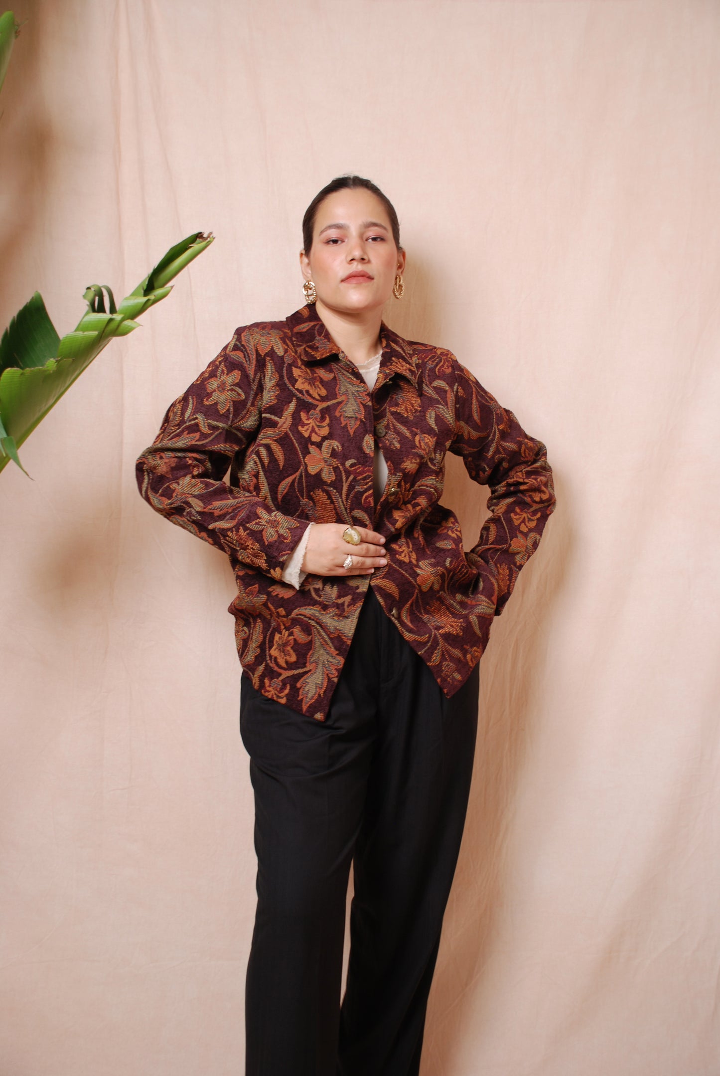 Wine floral corduroy jacket with ornamental buttons