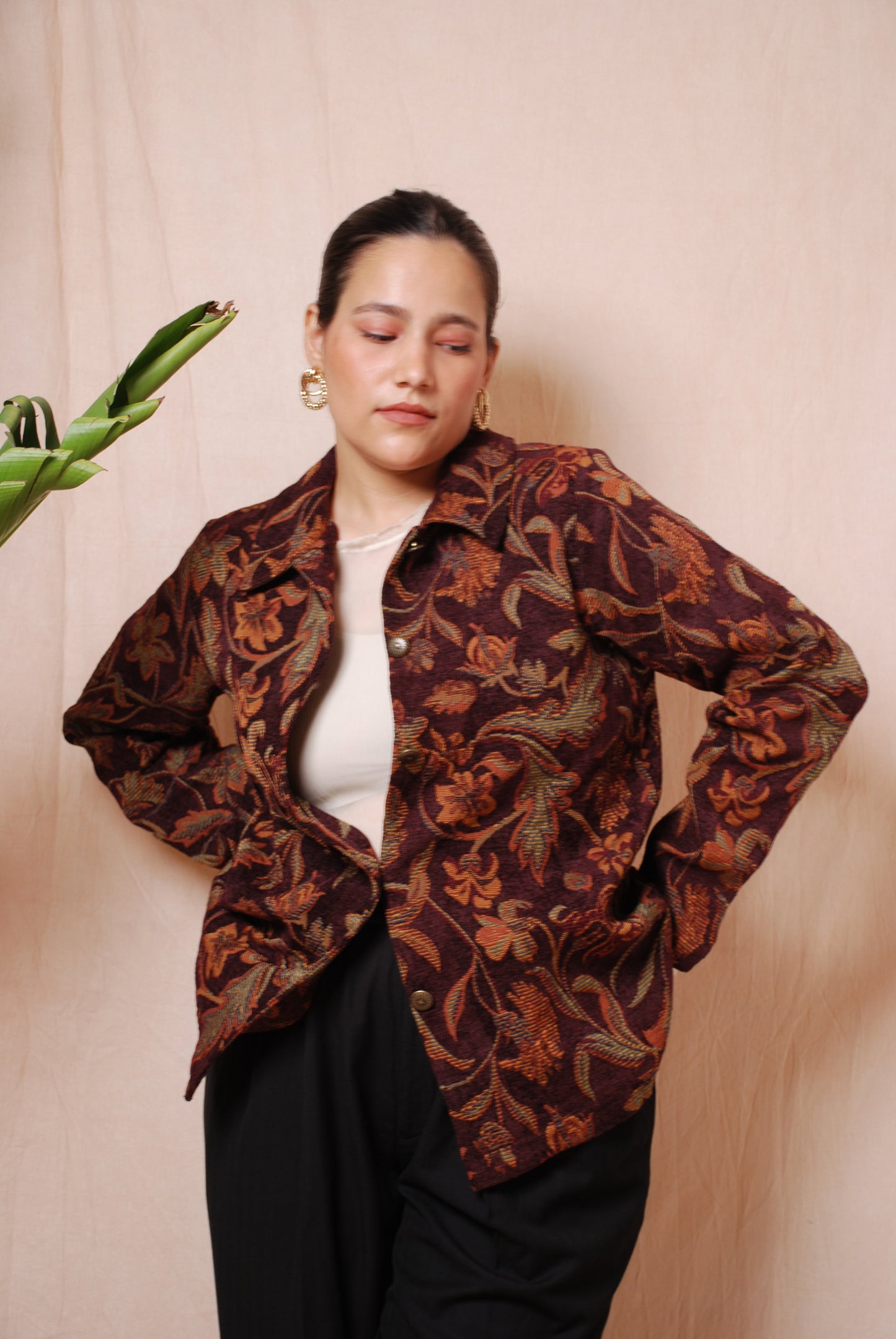 Wine floral corduroy jacket with ornamental buttons