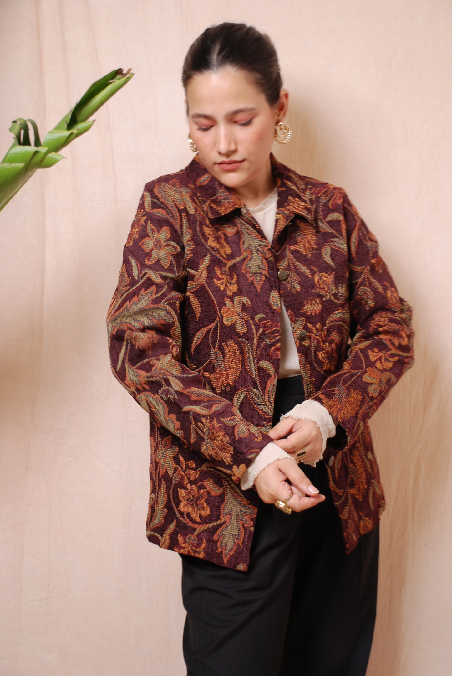 Wine floral corduroy jacket with ornamental buttons