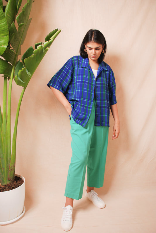 Blue & green checkered short sleeve shirt