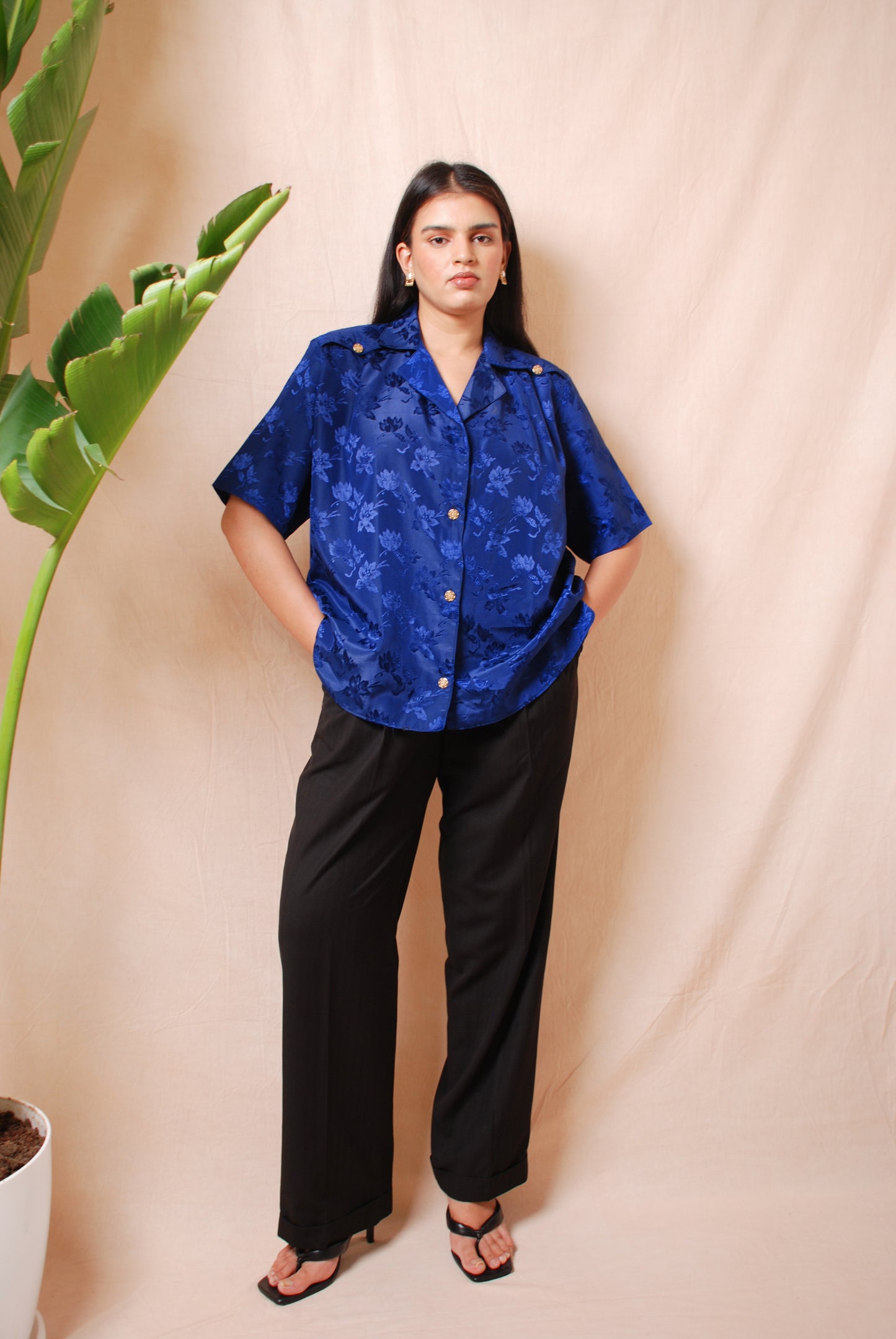 Midnight blue floral shirt with ornamental buttons