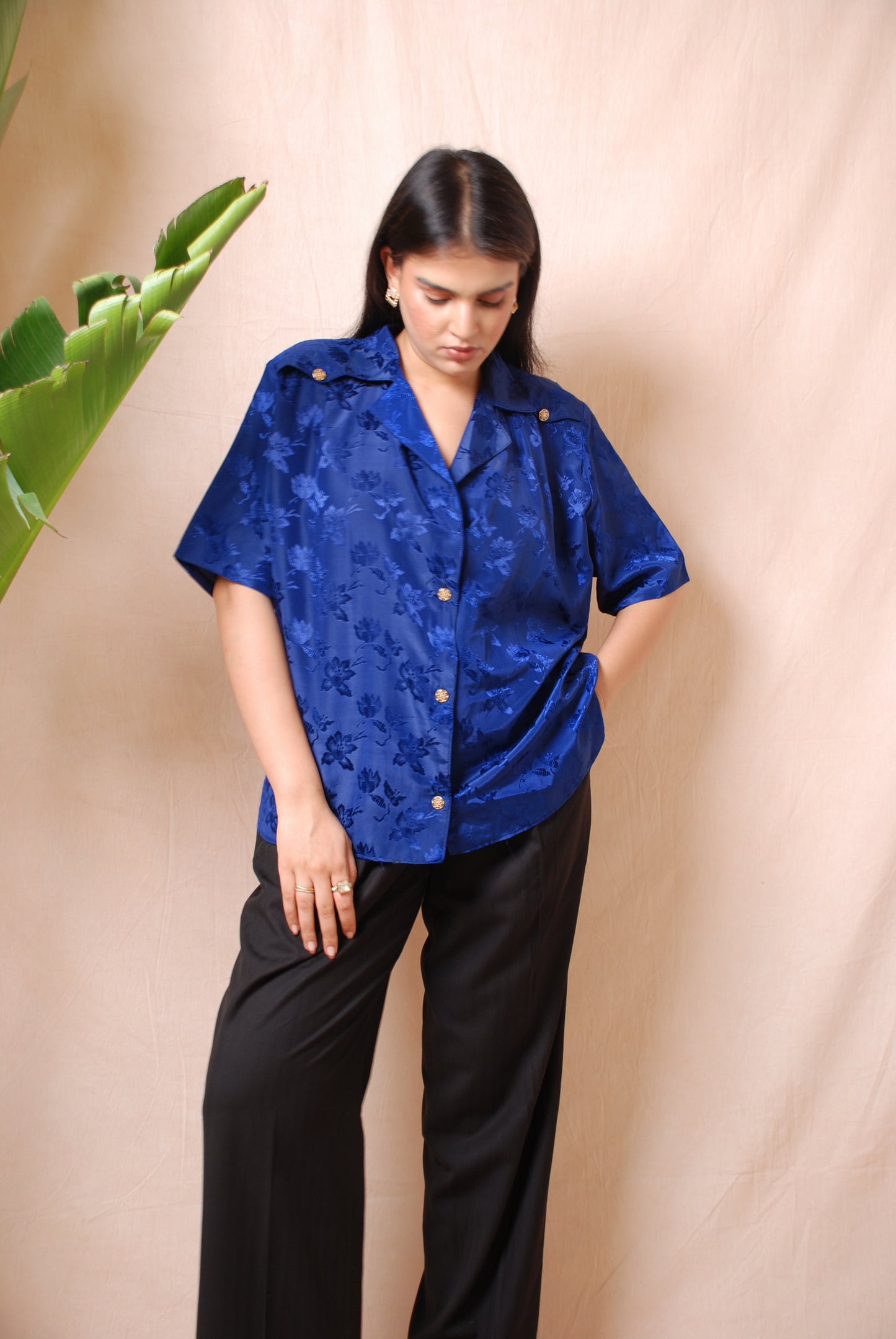 Midnight blue floral shirt with ornamental buttons