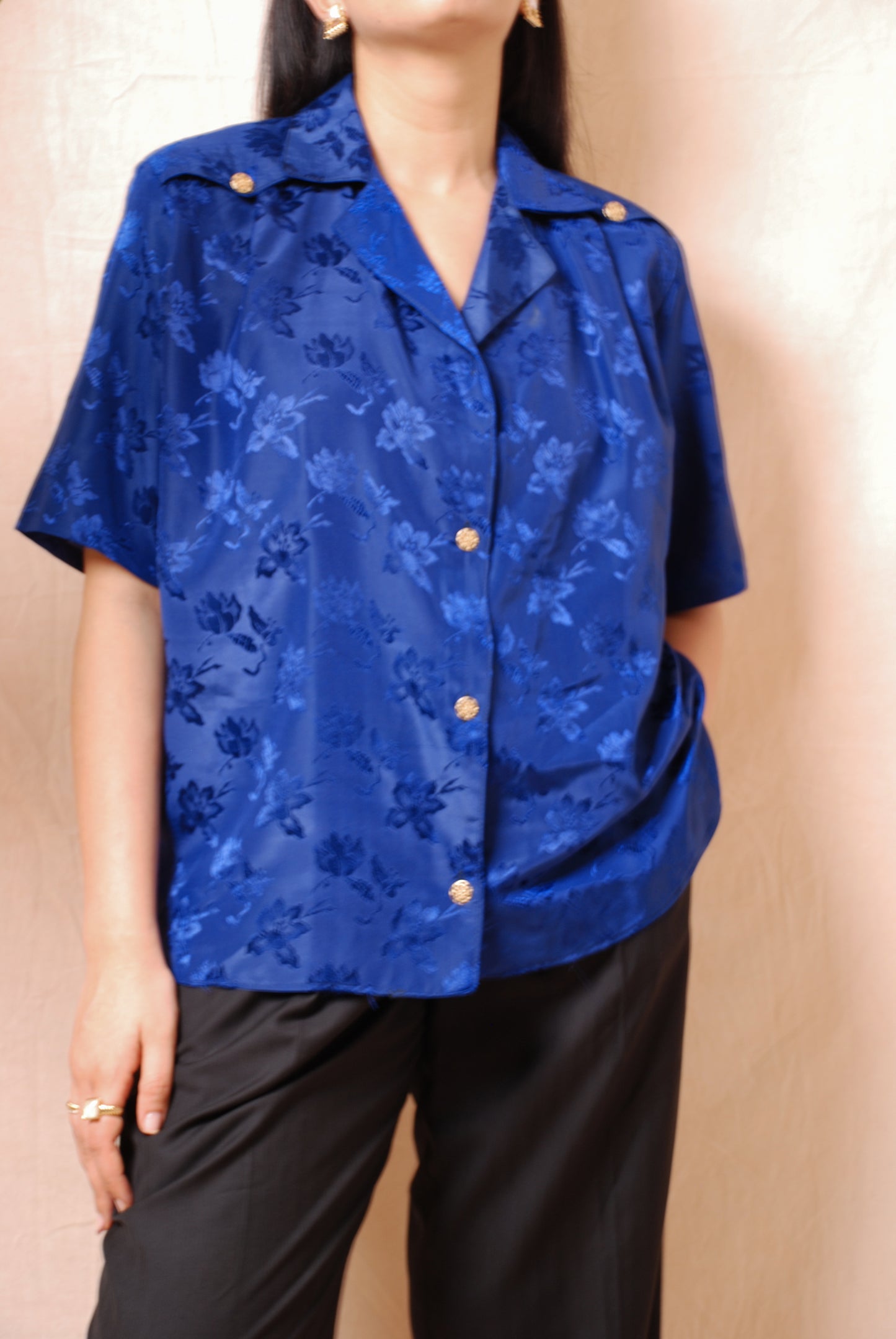 Midnight blue floral shirt with ornamental buttons