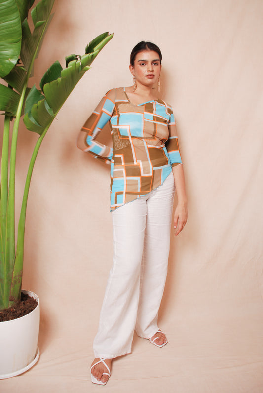 Multicolour asymmetric geometric print mesh top