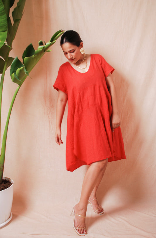 Red short sleeve flared dress