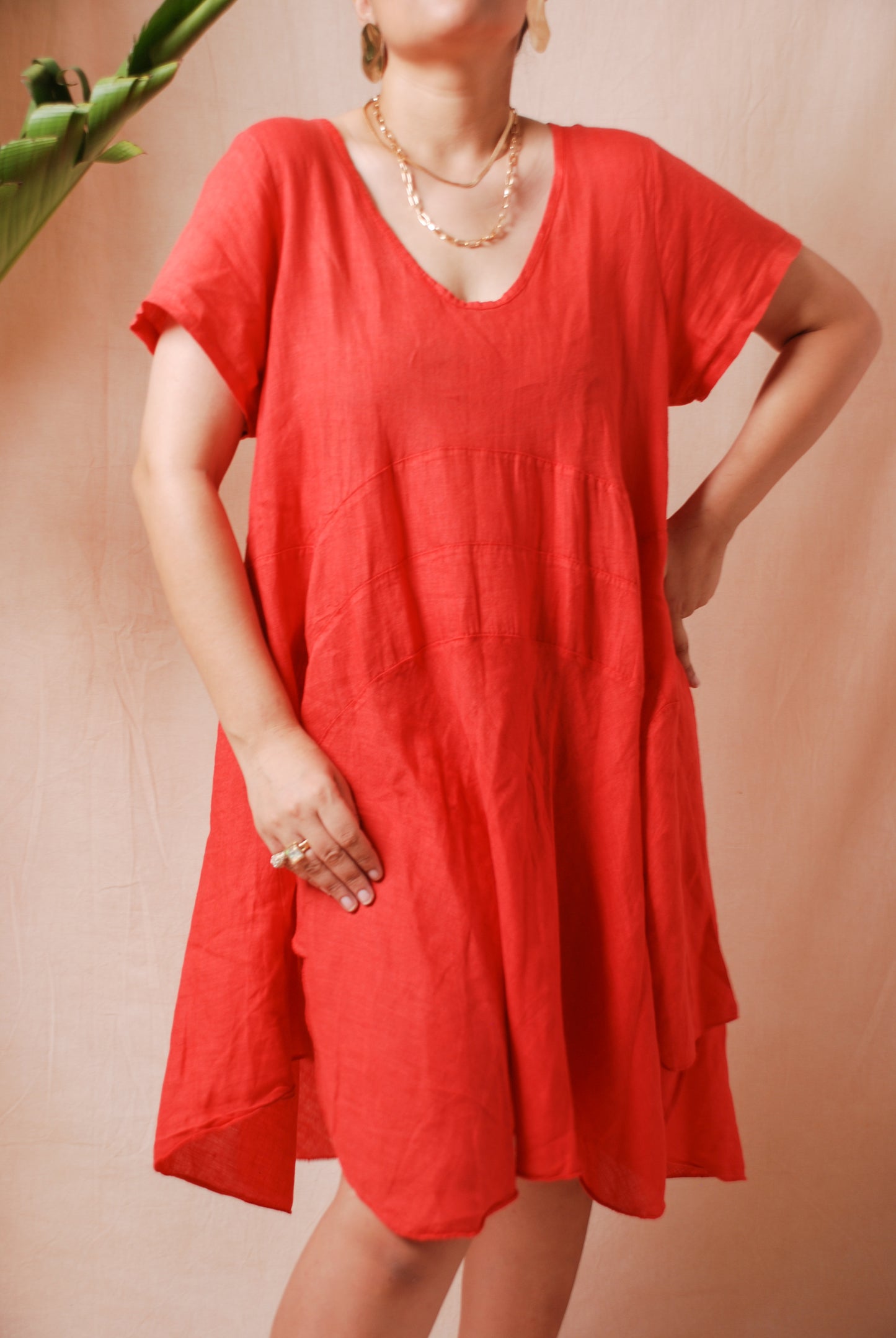 Red short sleeve flared dress