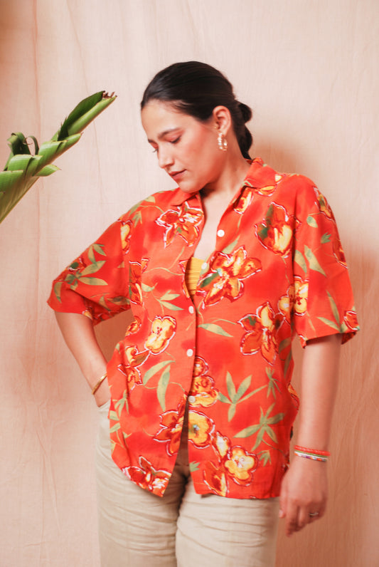 Orange floral short sleeve shirt