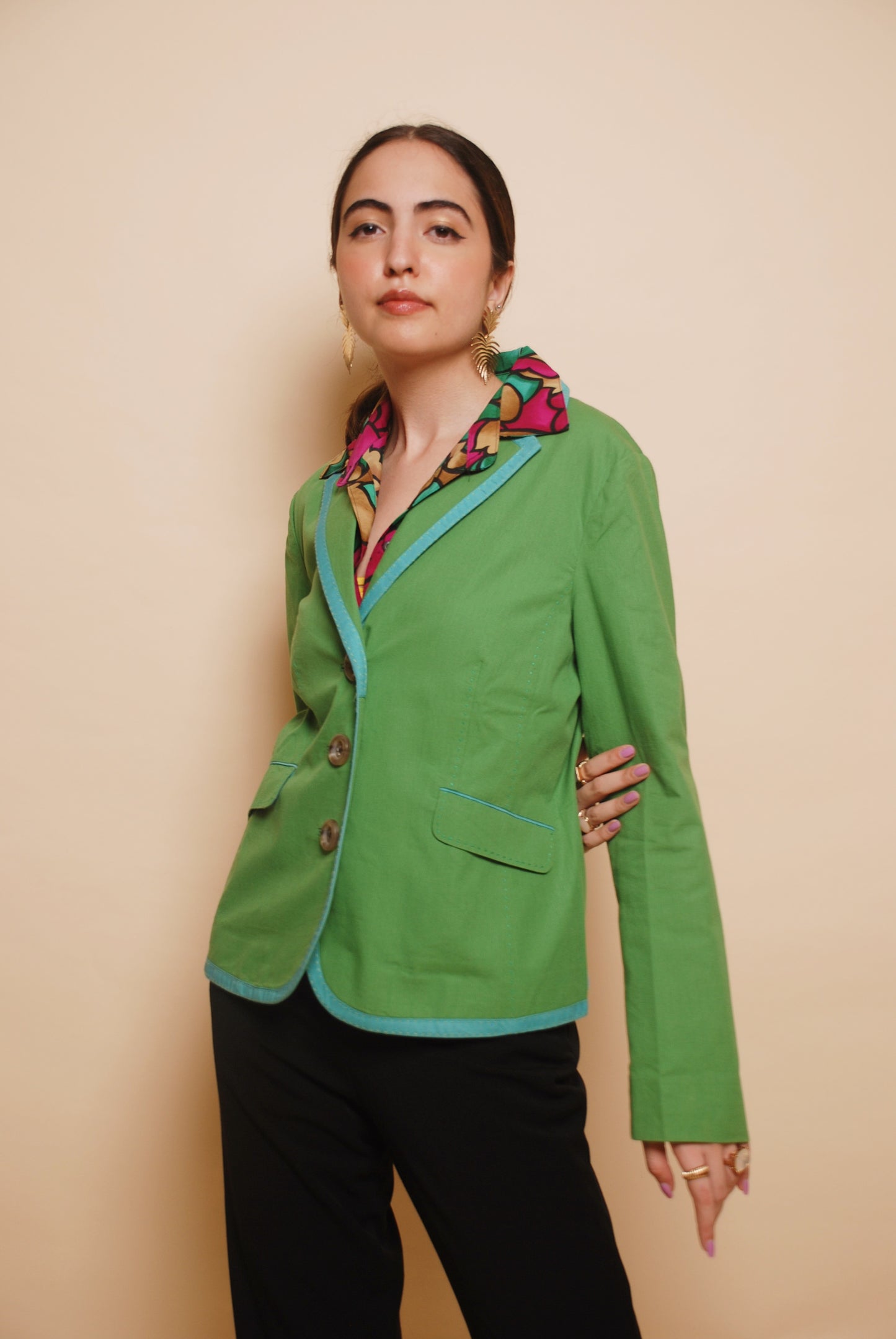 Green textured blazer with contrast piping