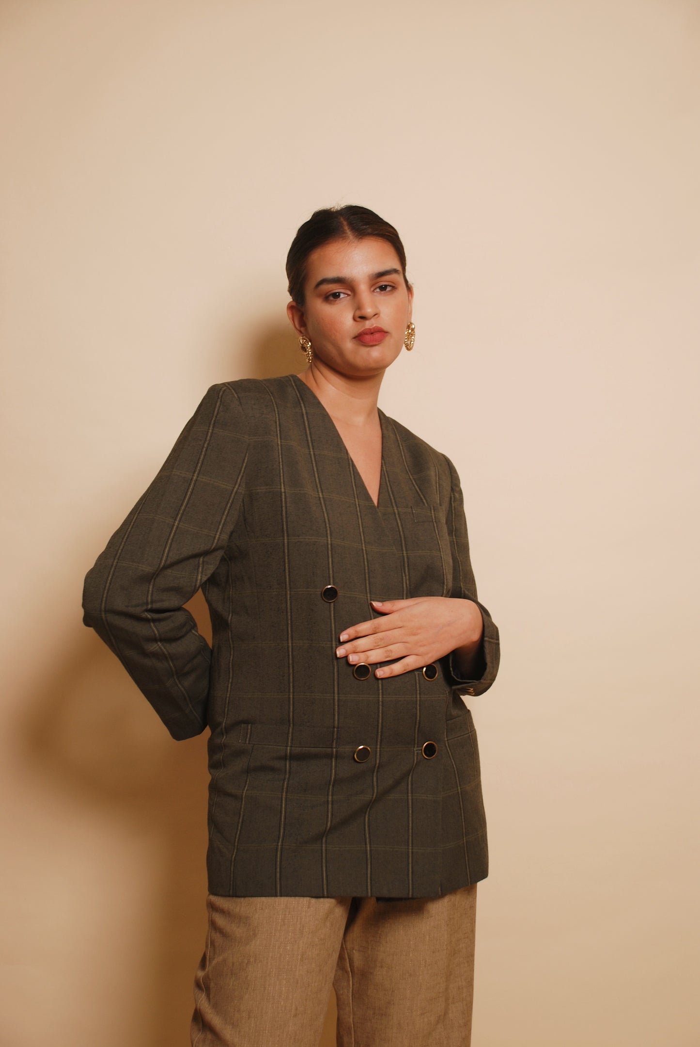 Vintage grey checkered double breasted blazer