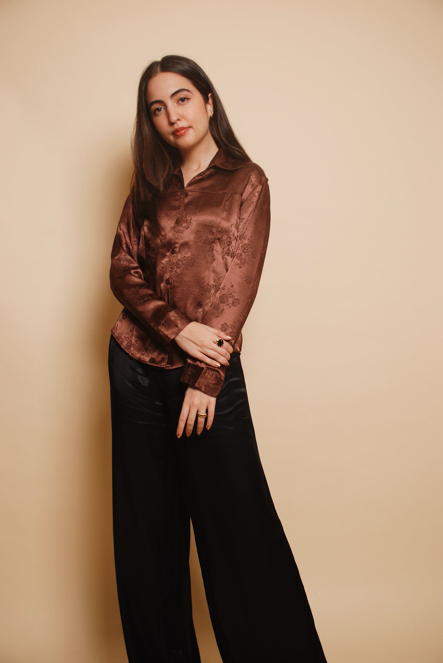 Brown embroidered floral shirt