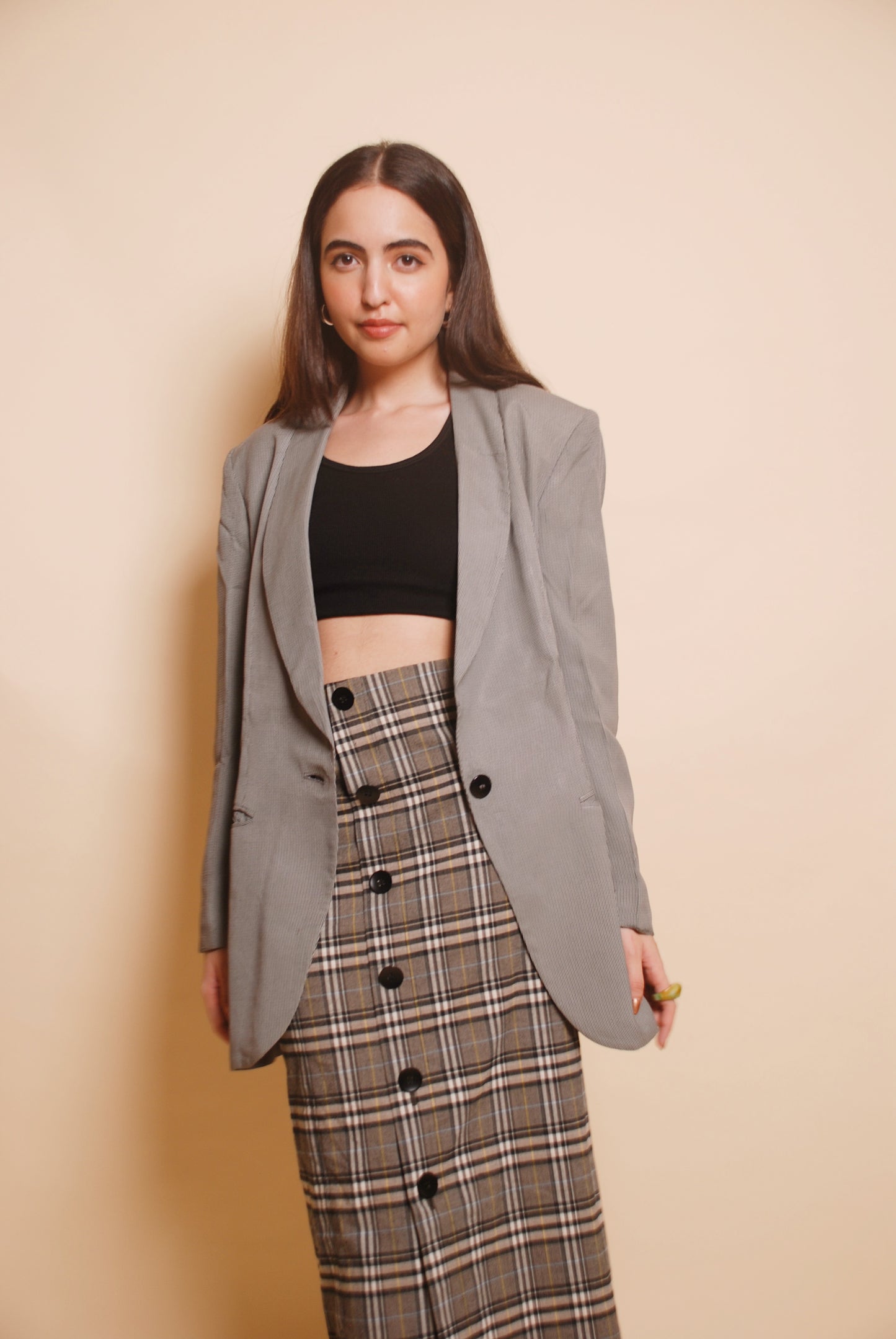 Vintage grey checkered one button long blazer