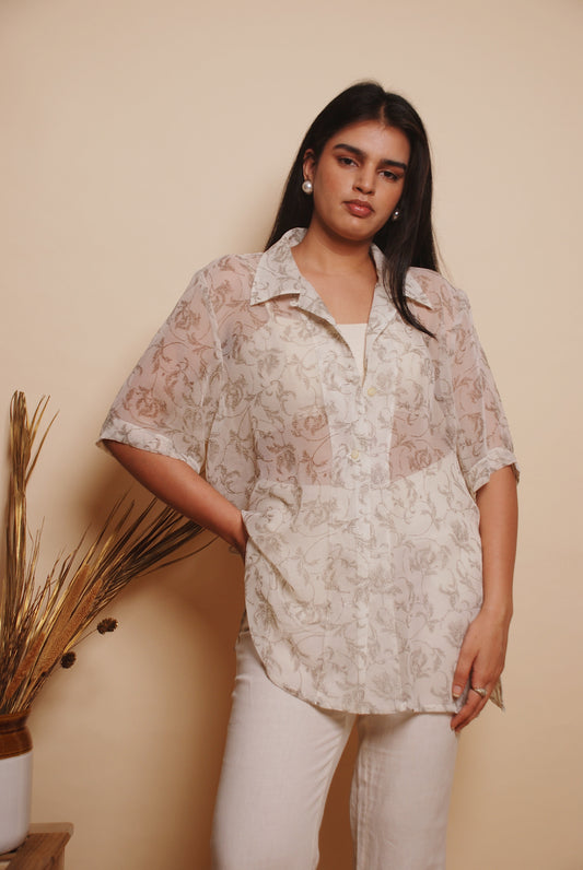 White sheer printed long shirt